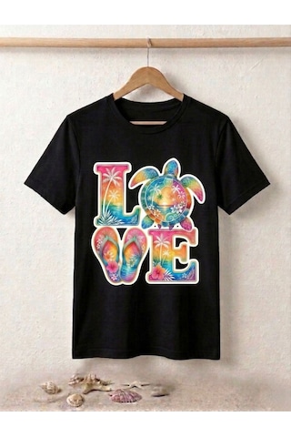 Tropikal Sahil Temalı Love Baskılı Kompak T-shirt Siyah