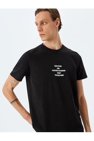 Koton Regular Fit Pamuklu Kısa Kollu Slogan İşlemeli Bisiklet Yaka Tişört Siyah 5sam10145hk Siyah