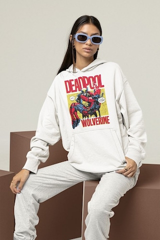 Sevbano Deadpool X Wolverine Baskılı Unisex Oversize Marvel Karakter Hood Beyaz