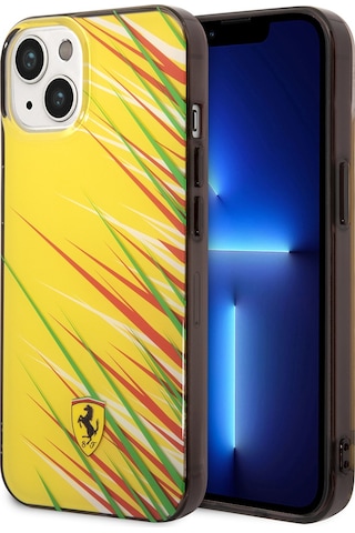 İphone Uyumlu 14 Kılıf Ferrari Lisanslı Baskı Logolu Çimen Desenli Kapak Sarı