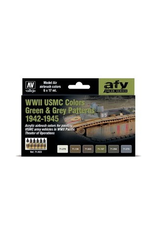 Vallejo 71623 6x18 Ml. Wwıı Usmc Colors Green & Grey Patterns 1942-1945, Model Air Serisi Model Boyası Seti Renkli