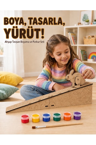 Çocuk Ahşap Hareketli Tavşan Boyama Seti 6 Renk Boya, Fırça Ve Kolay Montaj Parkuru