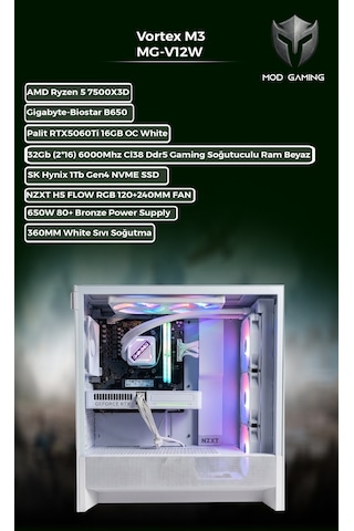 Mod Gaming Vortex MG-V12W R7-7500X3D 32 GB 1 TB SSD RTX5060Ti Free Dos Masaüstü Oyuncu Bilgisayarı