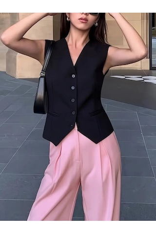 Sensuelle Kadın Sıfır Kollu Önden Düğmeli Atlas Yelek Siyah