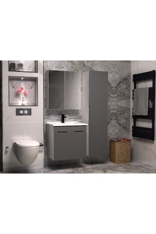 Banyo Dolabı Aynalı Cnc İşlemeli Membran Kapaklı 65 Cm Antrasit