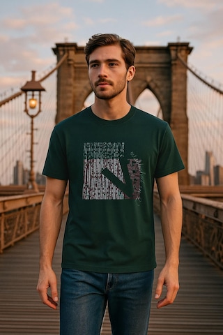 Erkek Rahat Kesim Bisiklet Yaka Baskı Detay T-shirt Çok Renkli