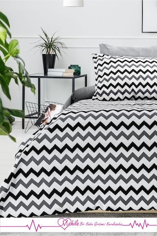 Battal Boy Lüks Pamuklu Nevresim Seti Beyaz Zikzak Desen Çok Renkli