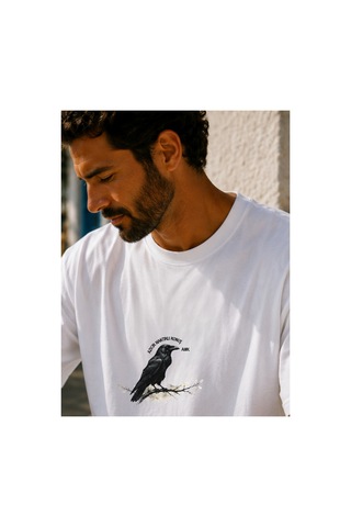 Qmen Style Unisex Beyaz Oversize Baskılı T-shirt Espirili Raven Baskılı %100 Pamuk