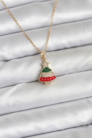 Zarif Boyunlar İçin Golden Çelik Ren Çam Ağacı Zirkonlu Yılbaşı Tema Kadın Kolye Metalik