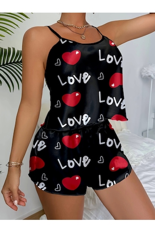 Aşk Temalı Kalp Desenli Siyah Saten Şortlu Gecelik Takım Siyah