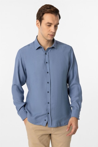 Süvari Mavi Slim Fit Düz Klasik Yaka Gömlek-34098 Mavi