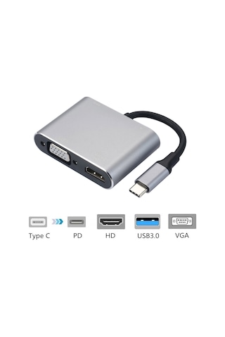 Dofolink Gri 4-in-1 Usb-c Adaptörü: Hdmı/vga Ekran Çıkışı, Usb 3.0 Veri Ve 100w Şarj Portu - Çoklu Cihaz Desteği