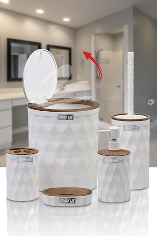 Okyanus Home Diamond Beyaz Ahşap Click Kapak 5'li Banyo Seti Beyaz
