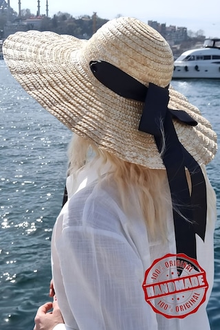 Uniquetrenders Kadın Galata Breeze Model Maxi Boy Kurdeleli Hasır Şapka Geniş Kenarlı Trend Günlük Ve Plaj Şapka Bej