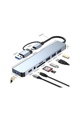 8 İn 1 Usb Type-c Usb 2.0/3.0 Audio 3.5 Tf Sd Çevirici Adaptör