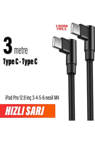 Apple Uyumlu iPad, Pro 12.9 İnç 3-4-5-6 Nesil Şarj Kablosu Uzun 3 M Typec To Typec Hızlı Şarj 3m