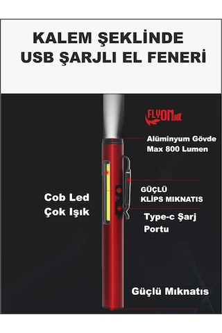 Kalem Şeklinde Şarj Edilebilir El Feneri Güçlü Mıknatıslı Hem Ortam Aydınlatma Hem Fener Kamp Lamba Kırmızı