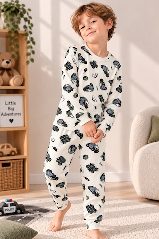 Free Beka Araba Desenli Bisiklet Yaka %100 Pamuklu İnterlok Kumaş Erkek Çocuk Uzun Kollu Pijama Takımı Ekru