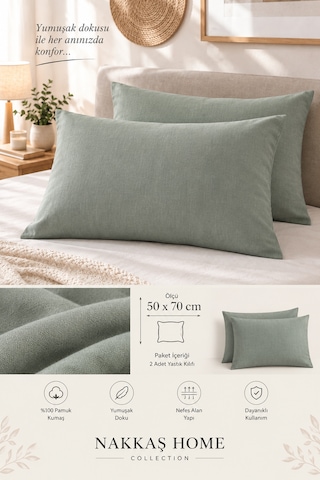 Nakkaş Home Collection 2'li Pamuklu Fermuarlı Yastık Kılıfı Seti - 50x70 Cm Düz Renk Yastık Kılıfı Çağla Yeşili