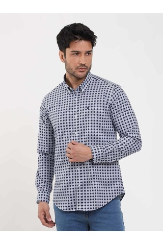 Dufy Lacivert Erkek Slim Fit Puantiyeli Brent Düğmeli Yaka Uzun Kol Gömlek - 104349-lacivert Lacivert