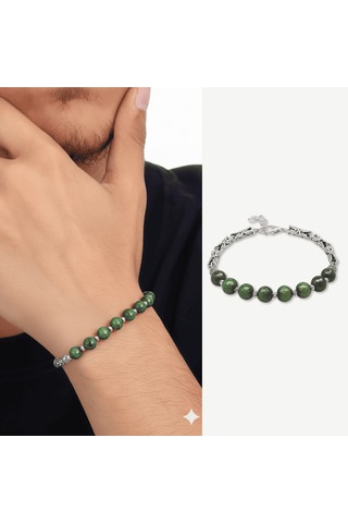 Tesbihane Kararmaz Metal Kralli Gümüş Renk Dorika Top Süslemeli Küre Kesim Fasetalı His Taşı Erkek Bileklik Çok renkli