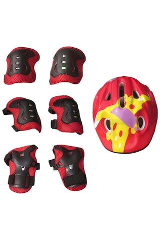 Suntek 7 Adet Çocuk Paten Scooter Kask Diz Bileklik Kırmızı Kırmızı