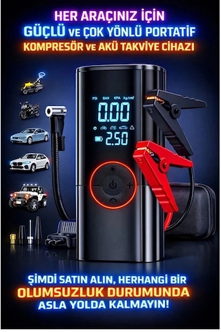 St-9650 Şarjlı 10.000 Mah Taşınabilir Araç Hava Kompresörü Akü Takviyeli Dijital Ekranlı Işıklı Çant