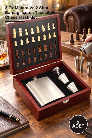 2 Adet Ahşap Kutulu Satrançlı Matara Seti 8 Oz Matara Ve 2 Shot Bardağı İçeren Taşınabilir Chess Flask Set