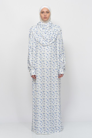 Pratik Tek Parça Çiçek Desenli Kollu Tak Çıkar Başörtülü Likralı Tesettür Namaz Elbisesi 990-0201 Mavi Antrasit