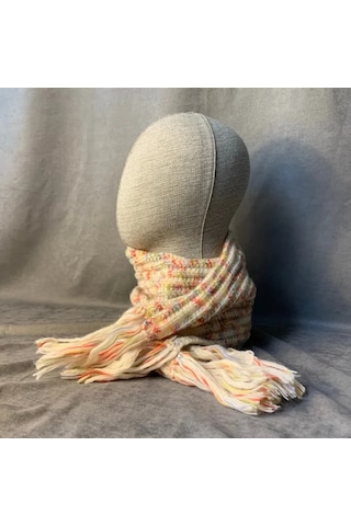 Uretti - Kadir 7704 - El Örgüsü Ebruli Yün Atkı - Bere - İkili Set - 3 Yaş Bej