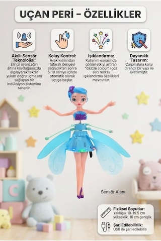 Uçan Peri Bebek Hareket Sensörlü Şarjlı Dazzle Colour Işıklandırmalı Uçan Mavi Oyuncak Bebek