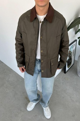 Haki Waxed Çıt Çıt Cep Detay Oversize Ceket Haki