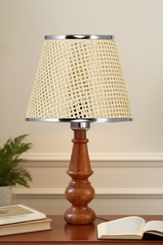 Ahşap Gövdeli Kumaş Başlıklı Dekoratif Abajur Masa Lambası Aydınlatma Lamba Bej