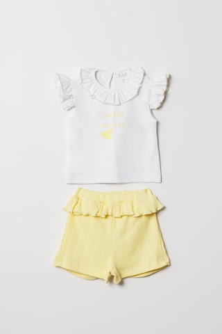 Hafy Baby Hello World Nakışlı, Fırfır Yakalı, Kız Bebek Şortlu Takım Beyaz - Sarı