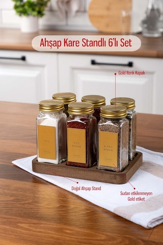 6'lı Kare Ahşap Standlı Baharatlık Gold Kapaklı-etiketli Cam Baharatlık Seti Mh01gld06k Gold - Şeffaf