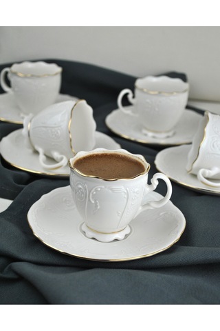 6 Kişilik Porselen Kahve Fincanı Seti Gold Yaldızlı Kahve Fincan Takımı- Amor 90ml Beyaz