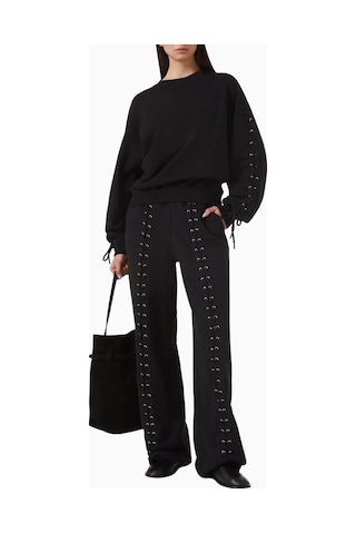 Rotate Birger Christensen Lacing Organik Kot Siyah, Oversize Kadın Sweatshirt