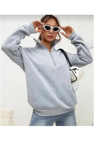 Mbb E-ticaret Kadın 3 İplik Pamuklu Uzun Kol Yarım Farmuarlı Yakalı Sweatshirt - Gri