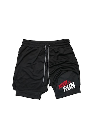 Hızlı Kuruyan 2 İn 1 Yetişkin Unisex Spor Born To Run Baskılı Taytlı Şort Fitness Gym Antrenman Halı Siyah
