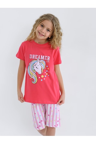 Kız Çocuk Kısa Kollu Kapri %100 Pamuklu Pijama Takımı Dreamer Girl Fuşya