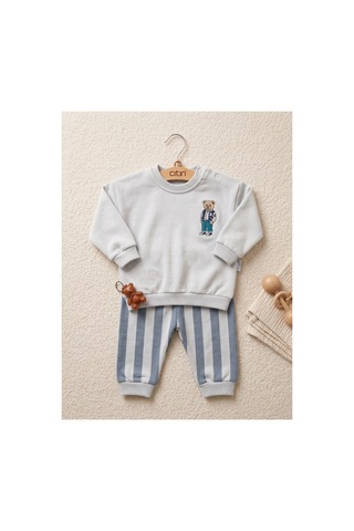 Çıtırkids Erkek Bebek Ayıcık Nakışlı Çizgili İki İplik Pamuklu Sweatshirt Alt Üst Takım Gri