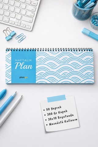 Tarihsiz Spiralli Haftalık Masaüstü Planlayıcı - Dalga - 10x30 Cm Plango Turkuaz