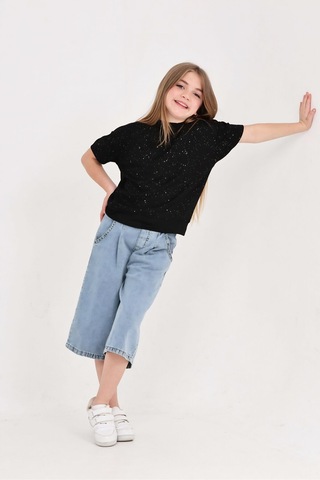 Modanino Kız Çocuk Jean Kaprili 2'li Alt-üst Takım 7-12 Yaş 12673sk Siyah