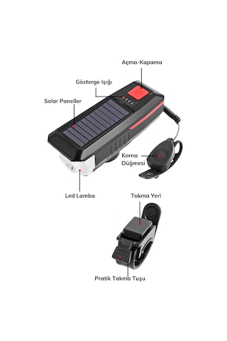 Solar Enerjili Usb Ile Şarj Edilebilir Ledli Bisiklet Feneri Kornalı Ve Su Geçirmez Far Diğer