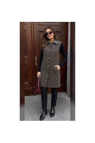 Onno Style Women Desenli Çelik Örgü Uzun Triko Kadın Yelek Kaban Gri