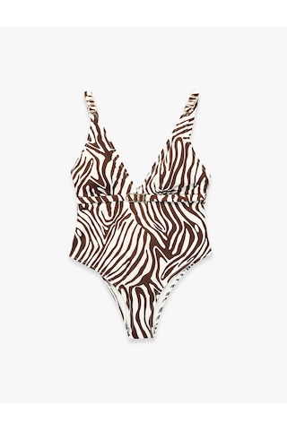 Koton V Yaka Metal Aksesuarlı Zebra Desenli Mayo Kahverengi Desenli 6sak20125mm