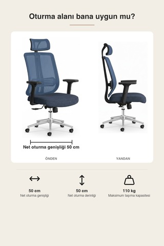 Upstyle Poyraz Başlıklı Fileli Ergonomik Çalışma Koltuğu Mavi Krom Koltuk 66 125 65 Cm