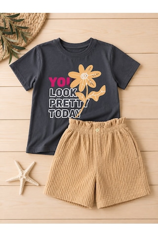 Pollito Kız Çocuk "you Look Pretty Today" Baskılı Tişört Ve Fitilli Kadife Şort İkili Takım Gri - Kahverengi Pollito Kız Çocuk "you Look Pretty Today" Baskılı Tişört Ve Fitilli Kadife Şort İkili Takım Gri - Kahverengi