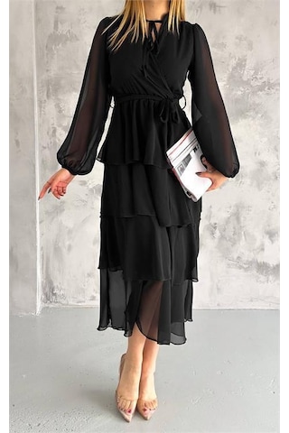 Dip Moda Kadın Astarlı Eteği Kat Kat Şifon Elbise Dpk2041 Siyah