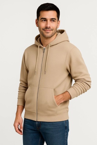 Novalisse Erkek 3 İplik Pamuklu Kapüşonlu Tam Fermuarlı Cepli Hoodie Sweatshirt - Bej Çoklu Renk